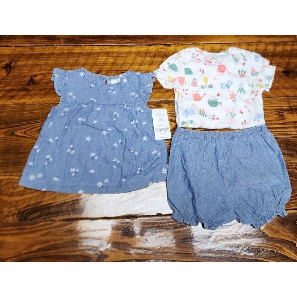 CUTE CARTERS 3-PIECE SHORTS SET - FLORAL AND BUNNY - BABY GIRL SIZE 12 MONTHS